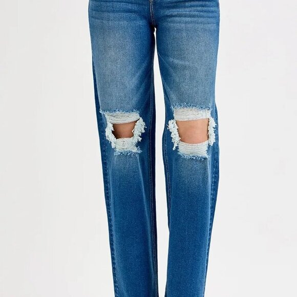 RISEN Full Size Mid Waist Fit Boyfriend Knee Distressed Jeans Plus Size - Picture 2 of 6